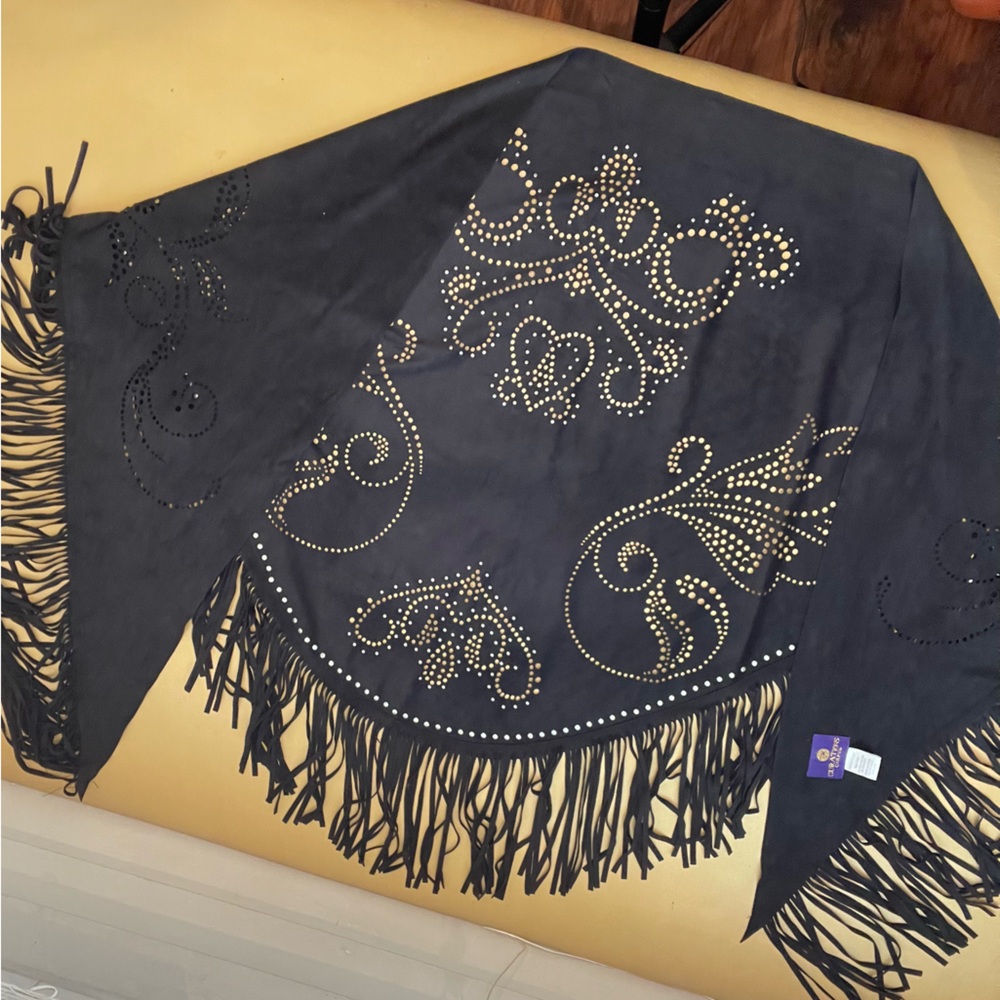 Black Fringed Shawl with Silver Studded Design
